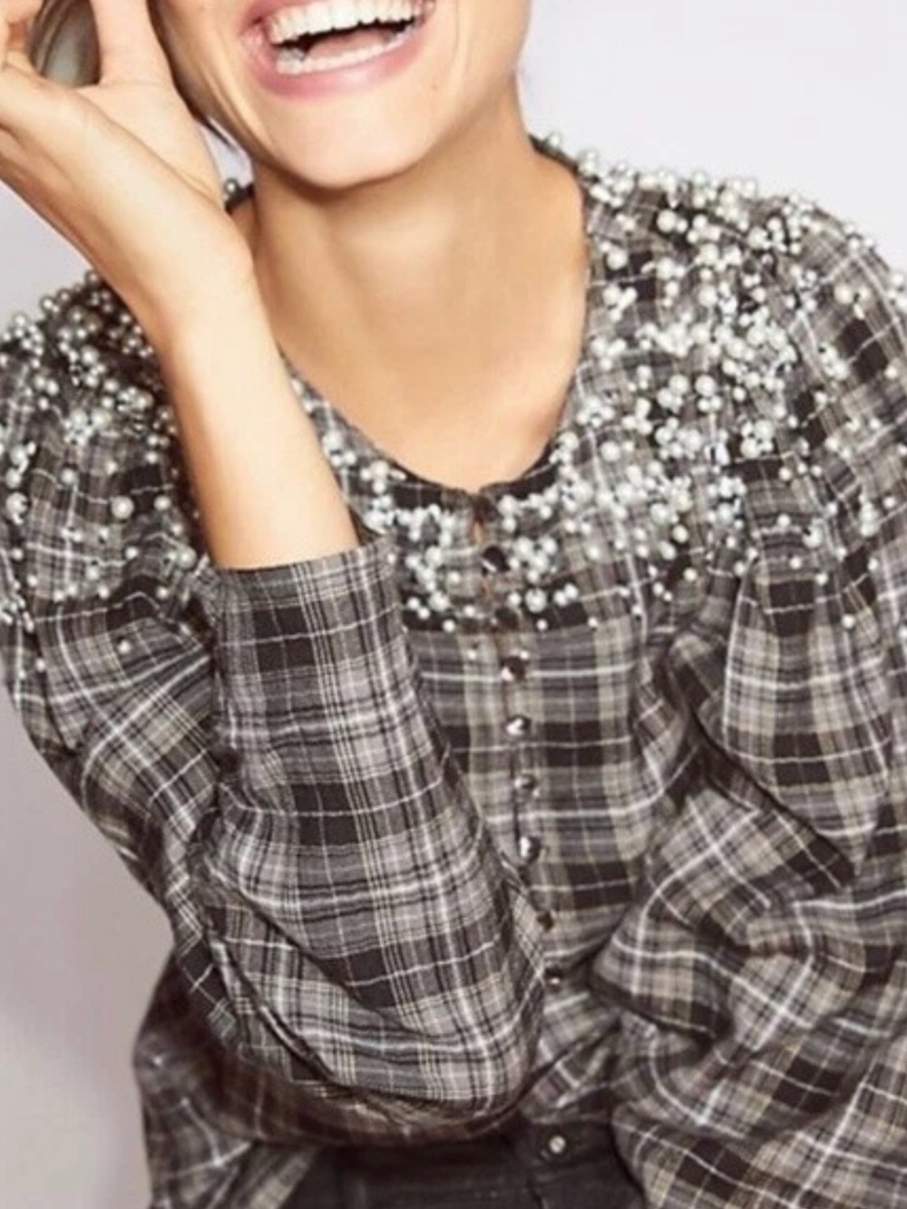 Akemi + Kin for Anthropologie Pearl-Embellished Plaid Peasant Top - Black/Grey
